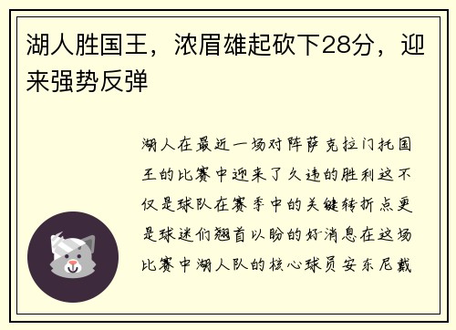 湖人胜国王，浓眉雄起砍下28分，迎来强势反弹